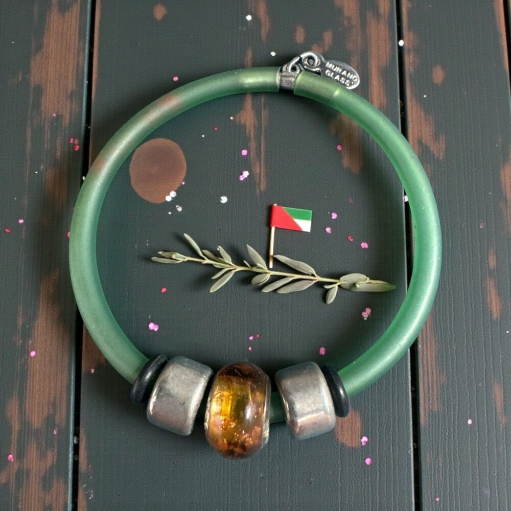 Murano Glass Bead Bracelet – Made in Italy, Green Rubber Cord, Amber & Silver Ac